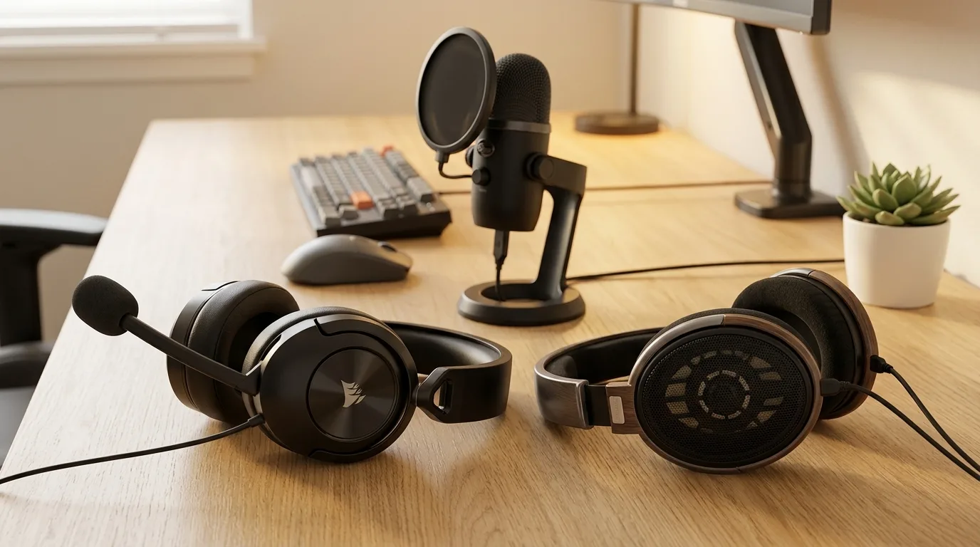 Două perechi de căști pe un birou: un headset de gaming cu microfon pe braț și o pereche over ear fără microfon, lângă un microfon USB