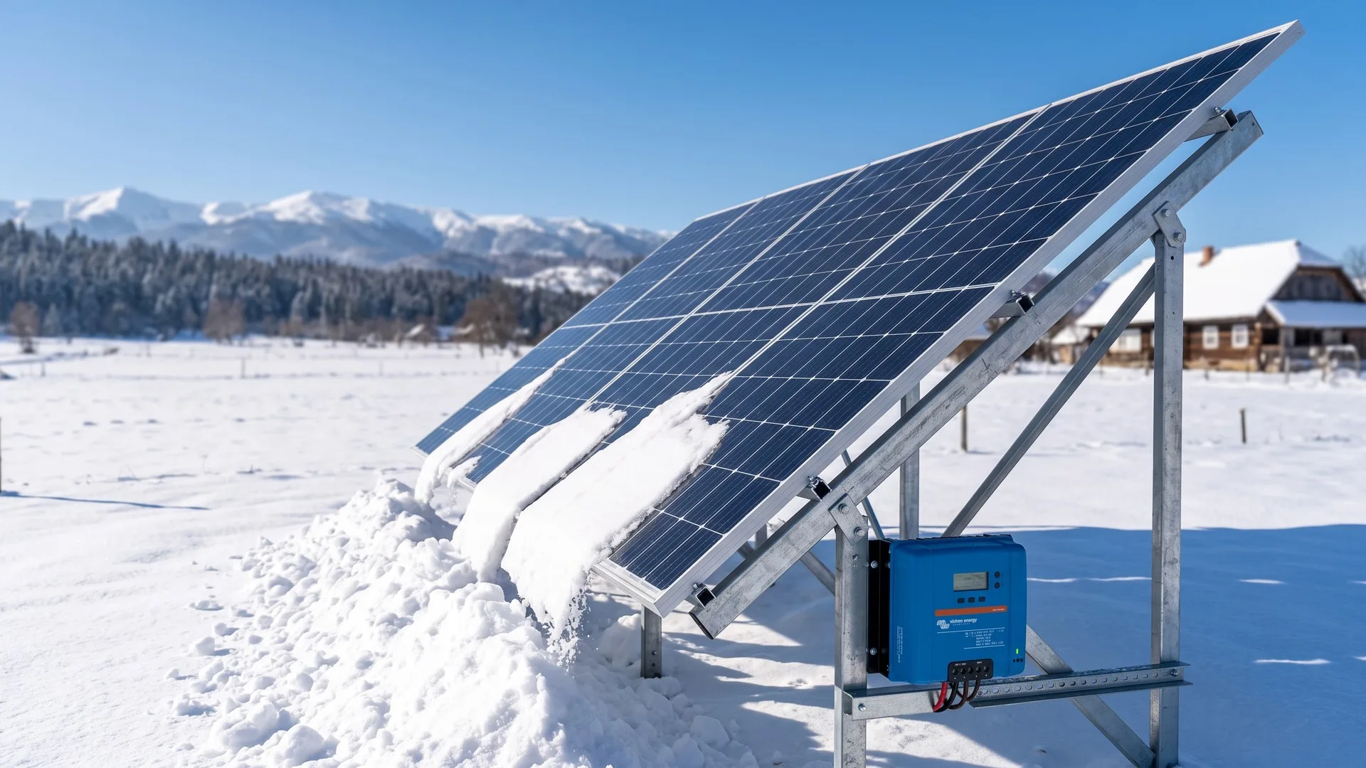 Panouri fotovoltaice pe structură înclinată spre sud, cu zăpada alunecând de pe sticlă