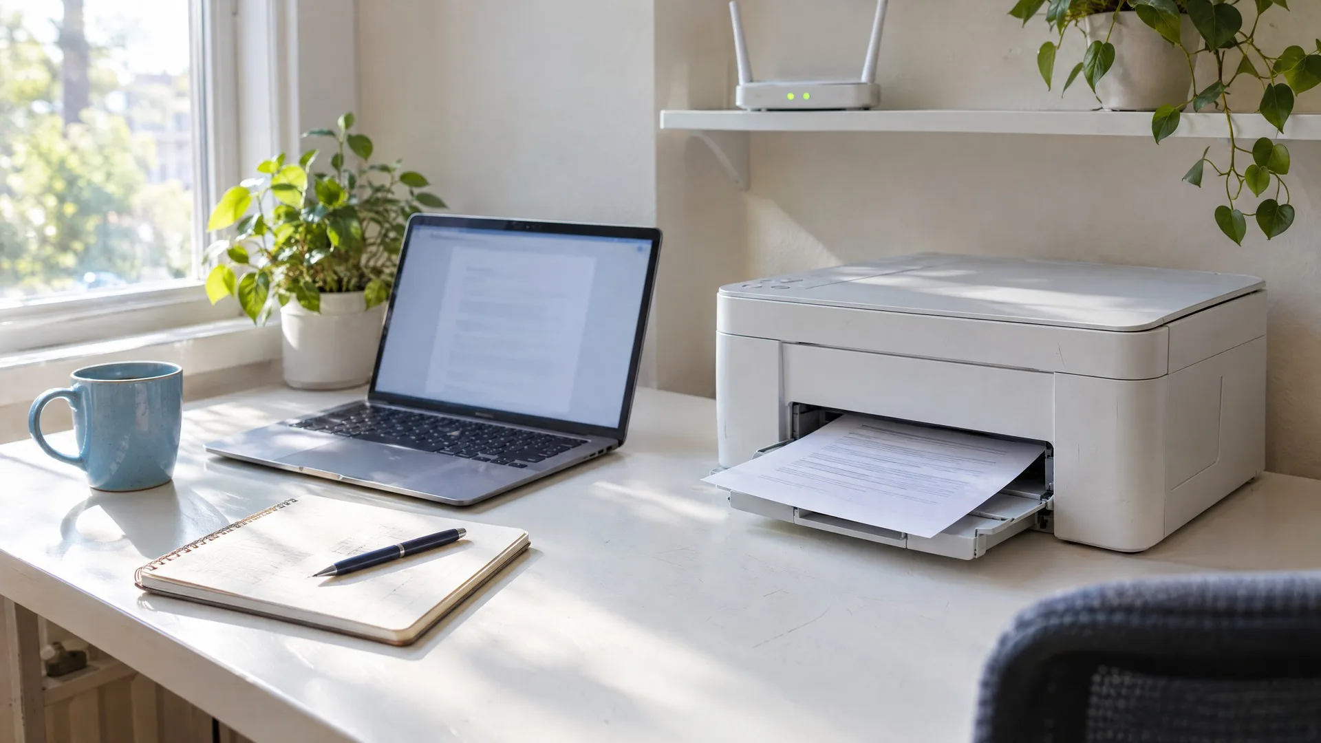 Laptop care trimite un document spre o imprimantă multifuncțională conectată prin Wi-Fi la routerul de acasă
