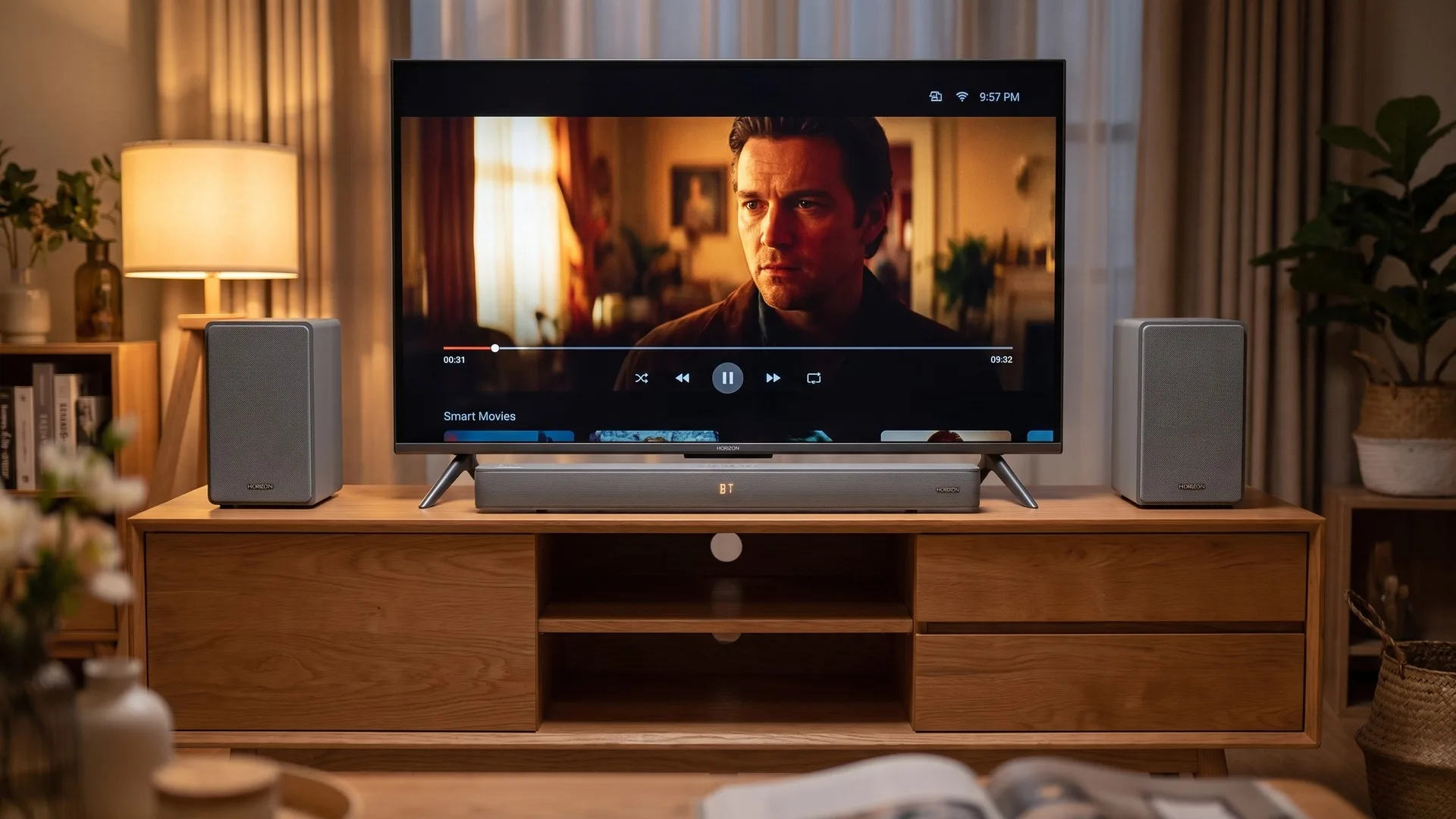 Soundbar așezat sub un televizor pe comodă, alături de o pereche de boxe active de raft