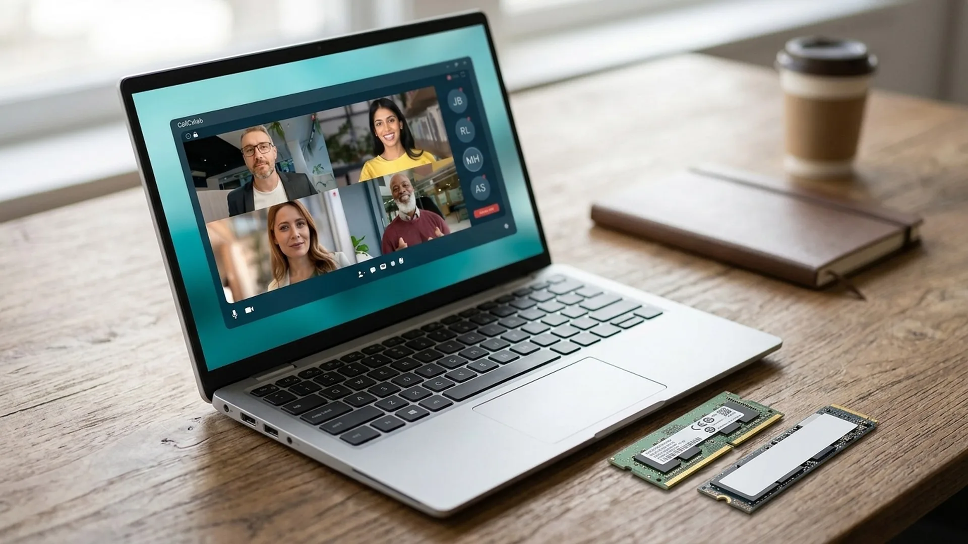 Laptop deschis pe un birou, lângă un modul de memorie RAM și un SSD M.2