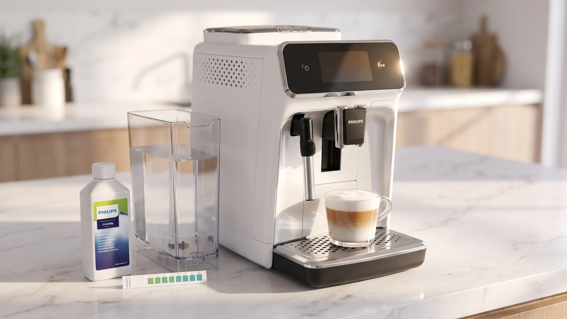 Espressor automat cu rezervorul scos, soluție de decalcifiere și bandeletă de test pentru duritatea apei pe blatul de bucătărie
