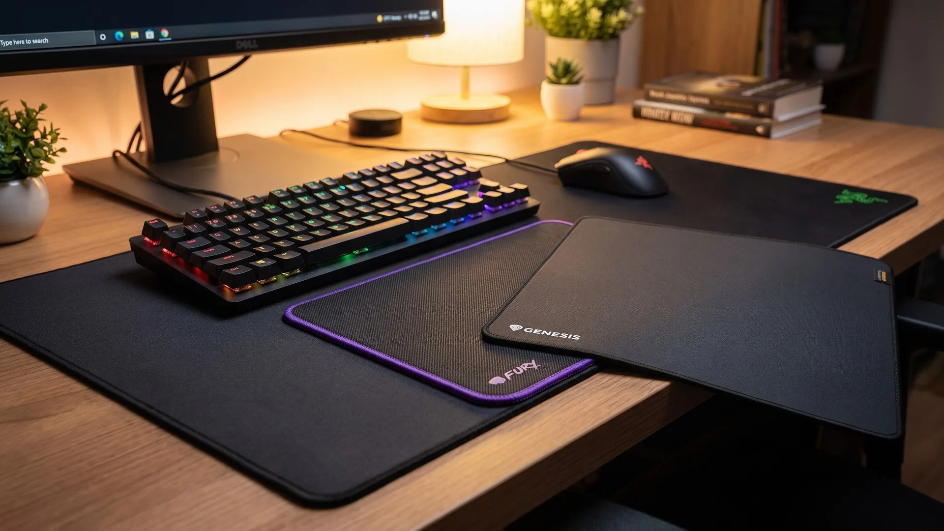 Trei suprafețe de mousepad alăturate pe un birou: textil texturat, textil fin și un deskmat XL sub tastatură și mouse