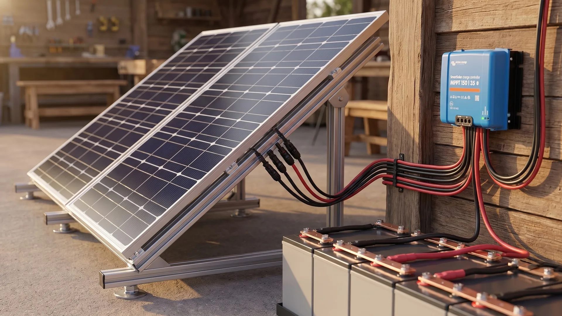 Două panouri fotovoltaice legate în serie prin conectori MC4, cu traseul spre un regulator MPPT și un banc de baterii