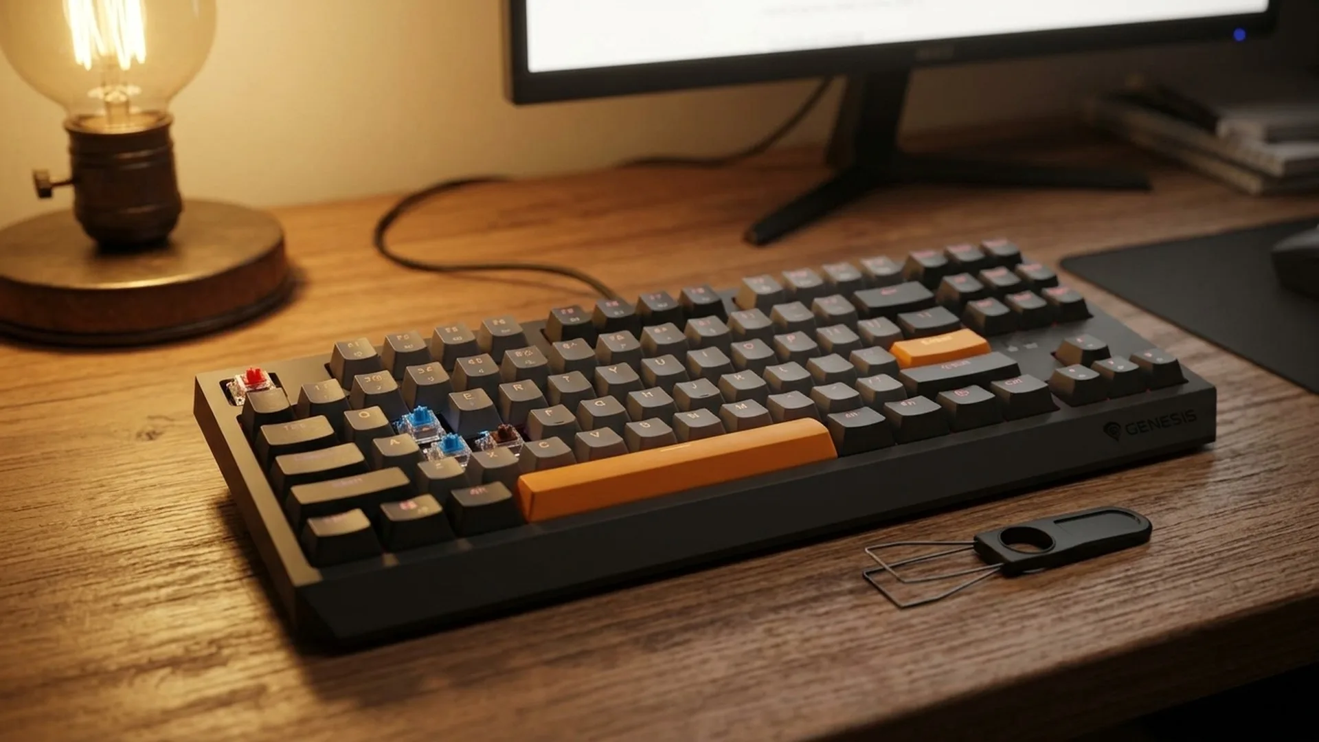 Tastatură mecanică TKL pe birou, cu trei switch-uri demontate alături, roșu, albastru și maro