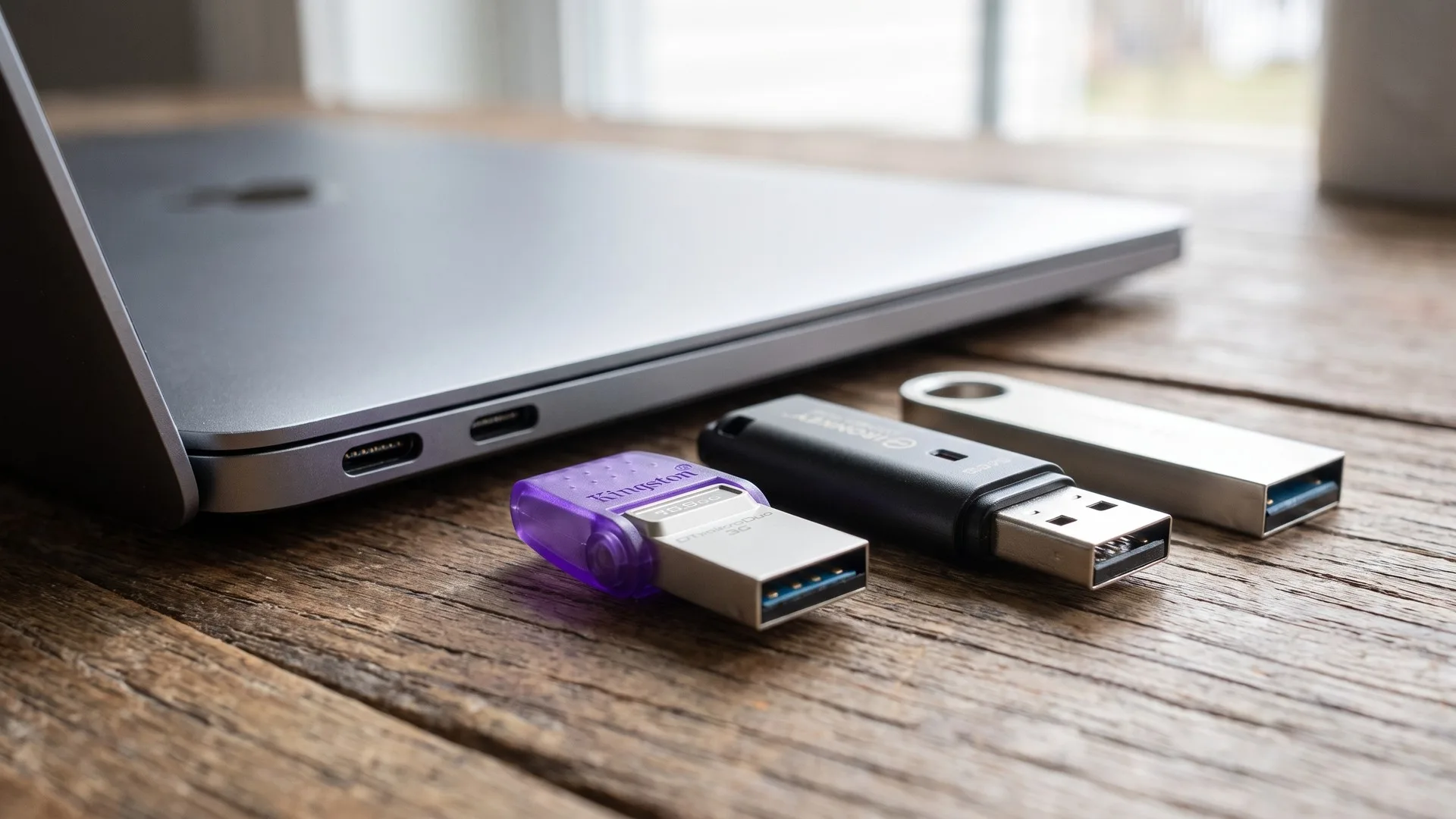 Stick USB dual, cu mufă USB-A la un capăt și USB-C la celălalt, lângă portul unui laptop