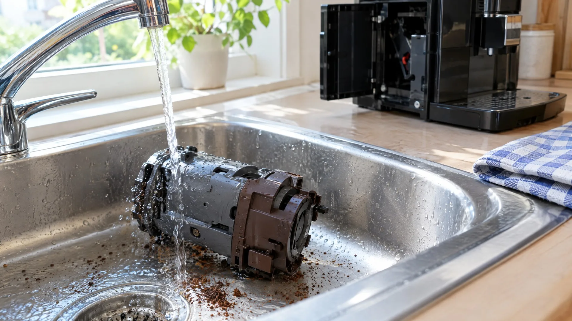 Grup infuzor scos dintr-un espressor automat și clătit sub jet de apă călduță
