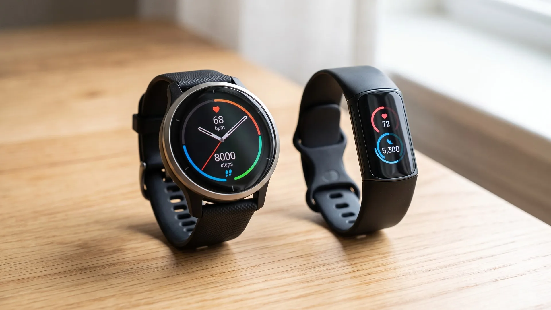 Brățară fitness îngustă și smartwatch cu ecran mare, alături pe birou, lângă un telefon