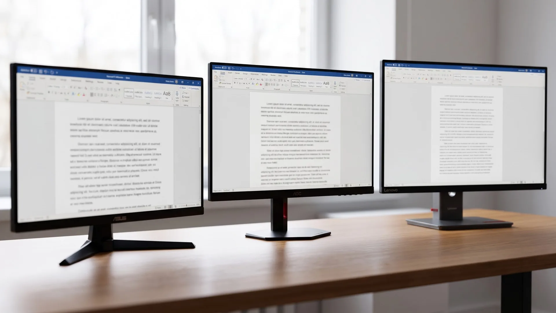 Trei monitoare de dimensiuni diferite pe același birou, afișând același text pentru comparație de claritate