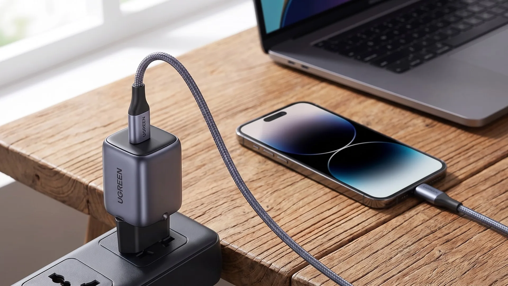 Încărcător GaN compact cu două porturi USB-C, alături de un cablu USB-C împletit și un telefon în încărcare