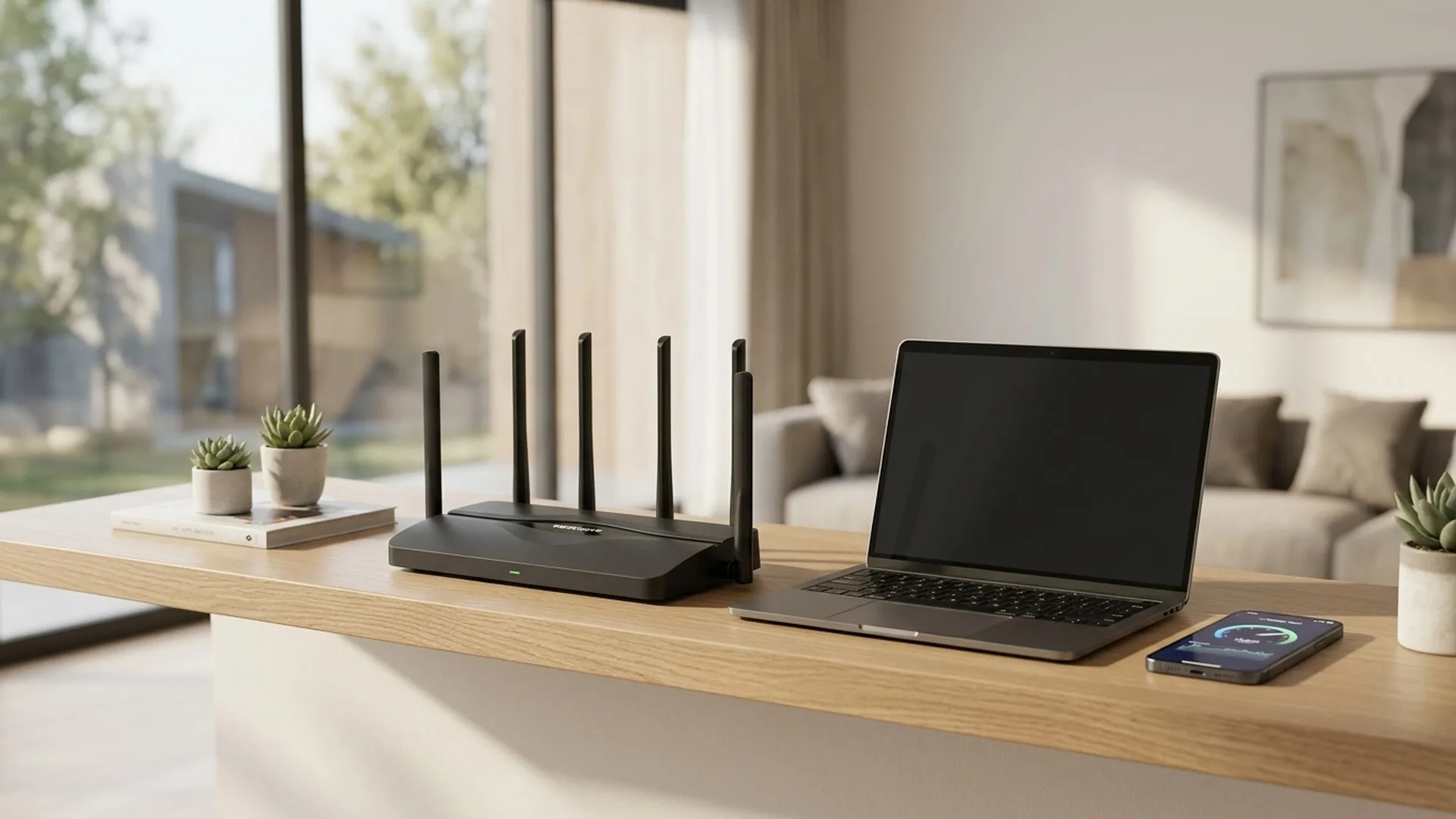 Router wireless tri-band cu antene externe, așezat lângă un laptop și un telefon conectate la rețea