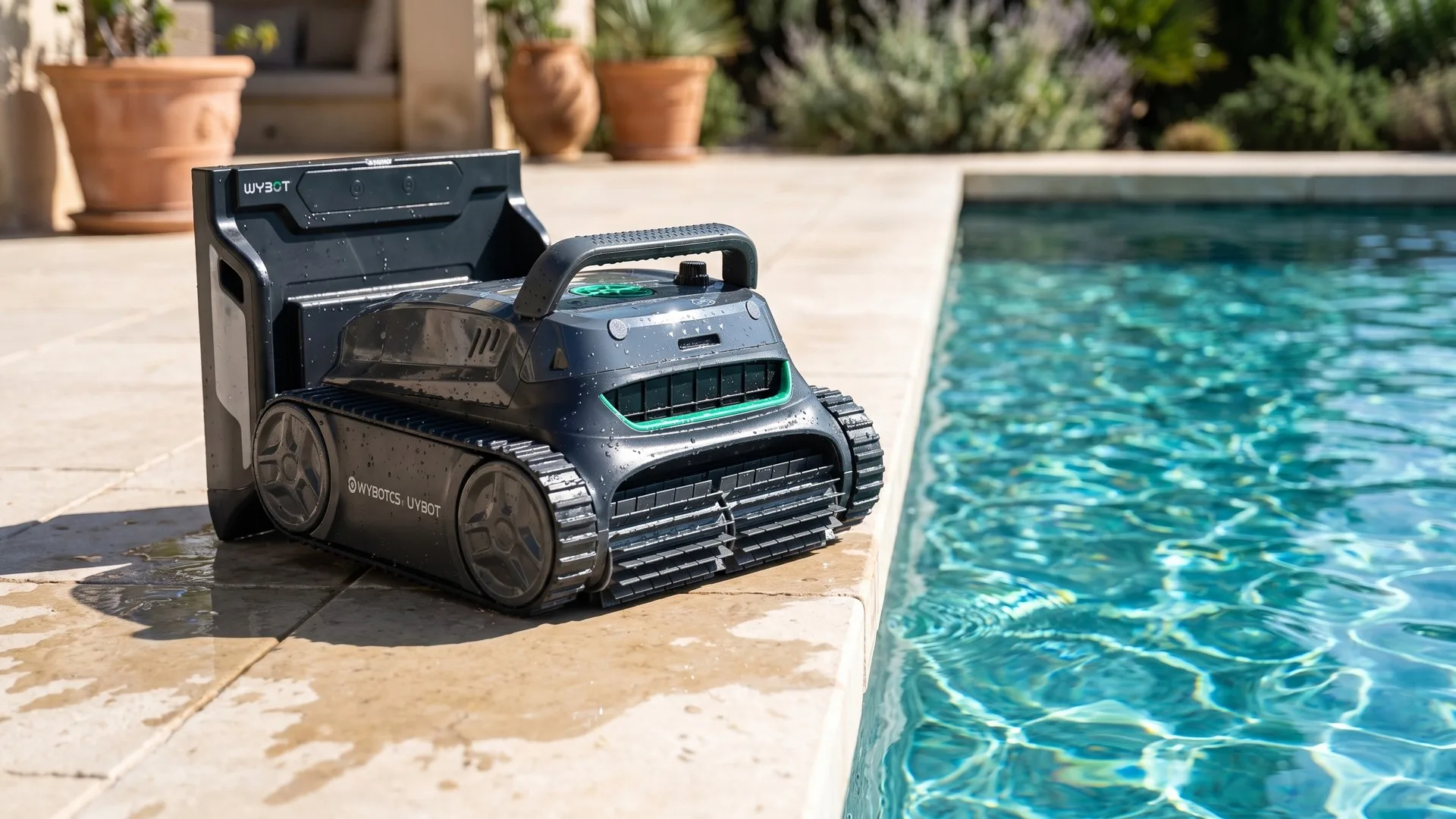 Robot de piscină fără fir pe fundul unui bazin, lângă un aspirator manual cu mâner telescopic sprijinit de bordură