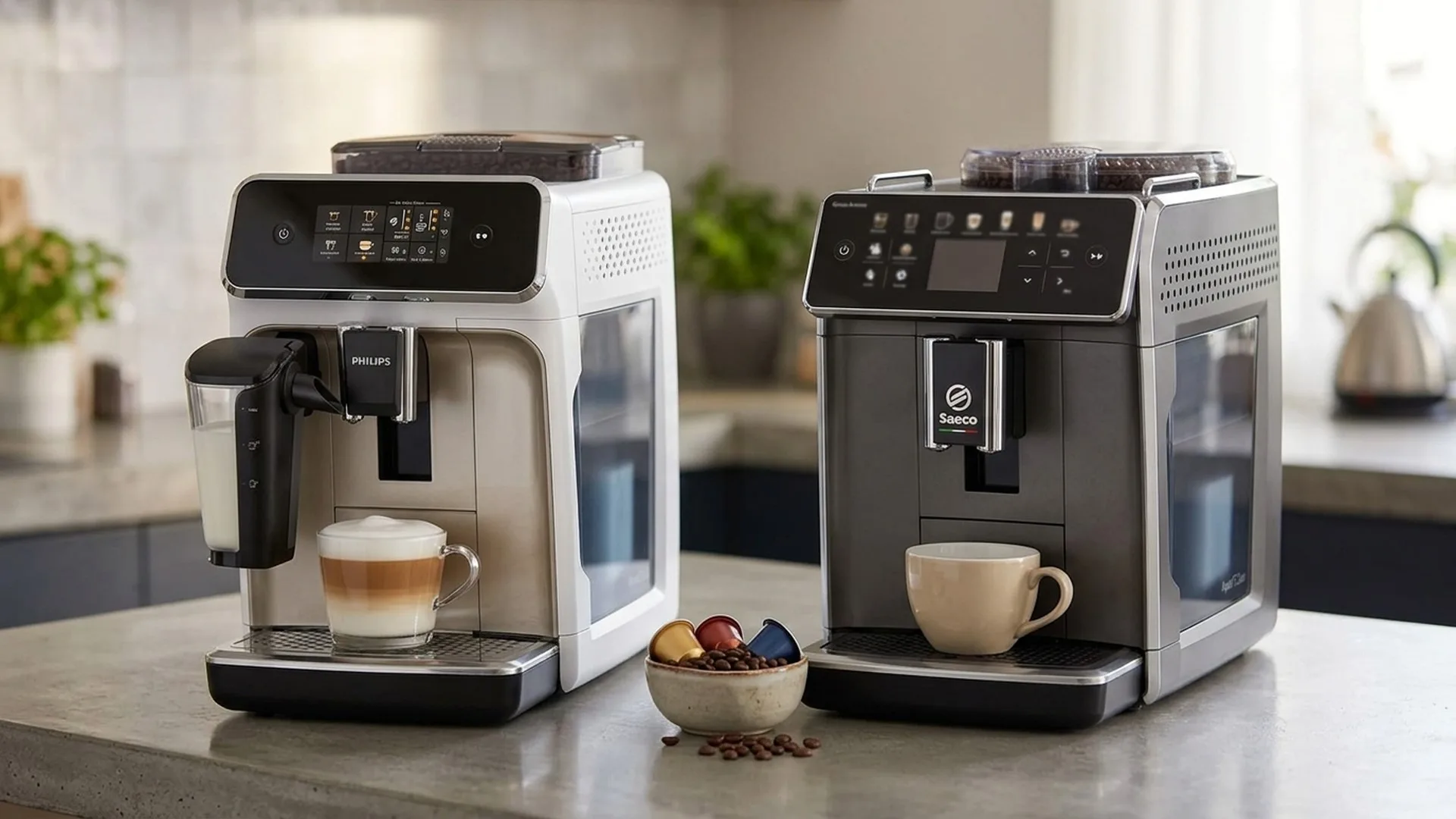 Espressor automat cu râșniță integrată, espressor cu portafiltru și cești de espresso pe un blat de bucătărie