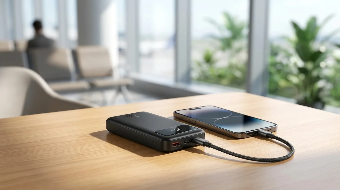 Baterie externă USB-C cu afișaj procentual, lângă un telefon și un cablu, pe o masă de aeroport