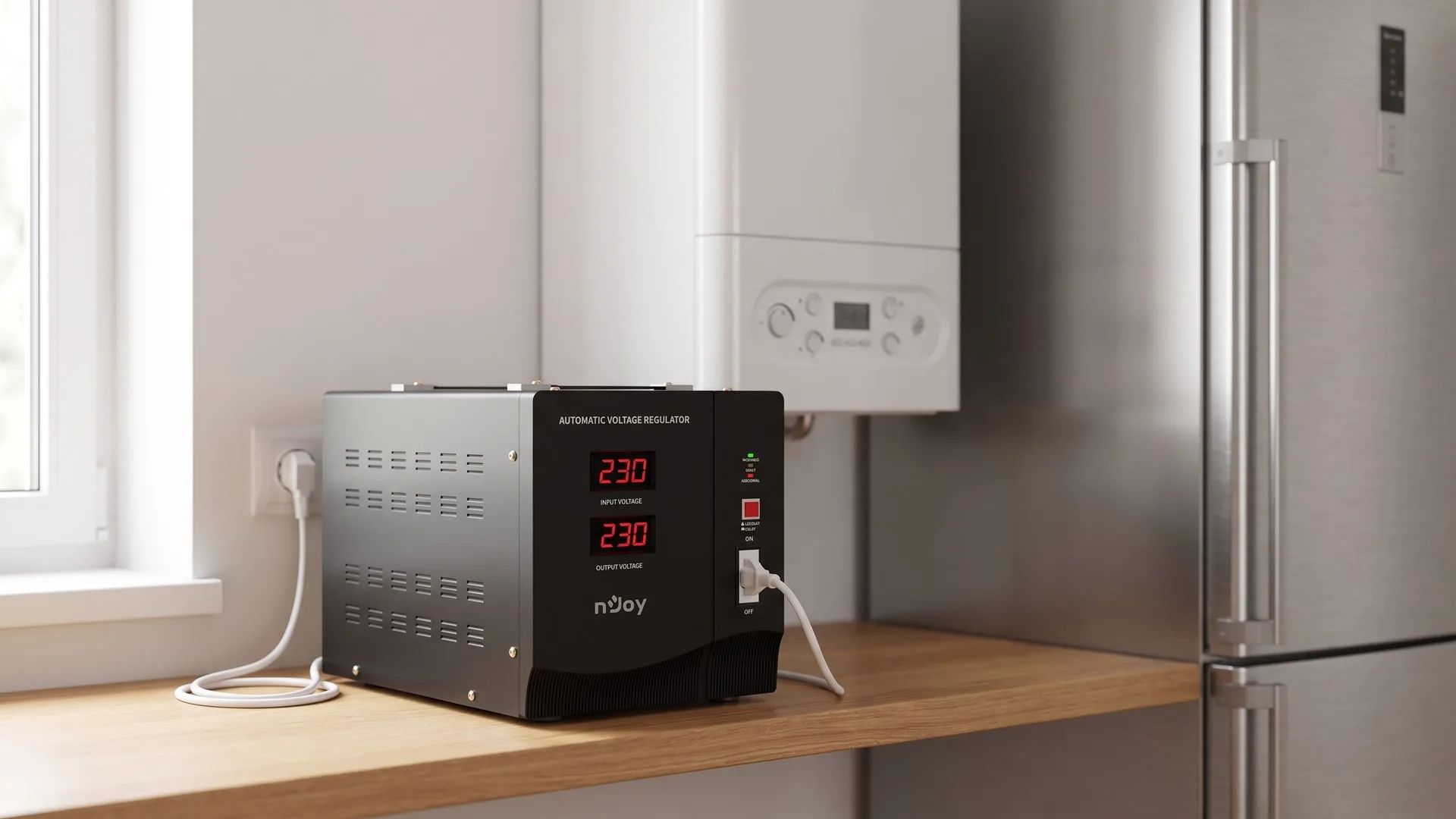 Stabilizator de tensiune cu afișaj digital, așezat lângă tabloul electric al unei locuințe