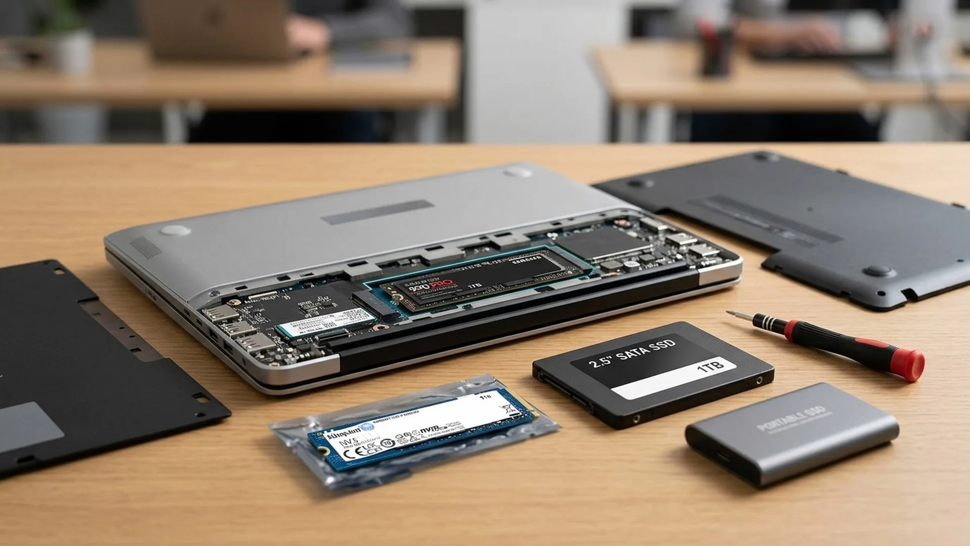 SSD M.2 NVMe, SSD SATA de 2,5 inch și un SSD extern USB-C așezate unul lângă altul pe un birou