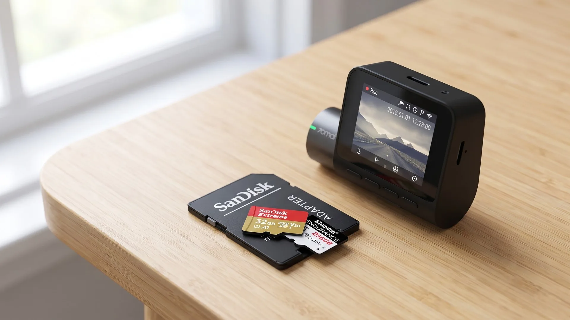 Card microSD High Endurance ținut lângă o cameră de bord demontată de pe parbriz