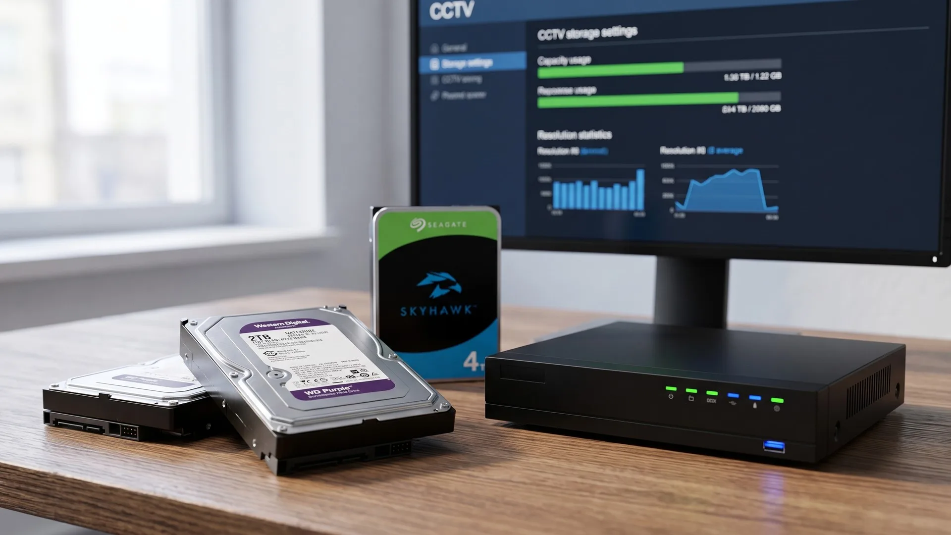 Hard disk de supraveghere de 3,5 inch lângă un NVR, cu meniul de stocare afișat pe monitor