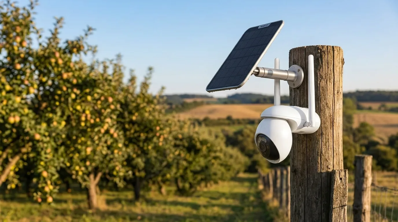 Cameră de supraveghere cu acumulator montată pe un stâlp, cu panoul solar separat înclinat spre sud