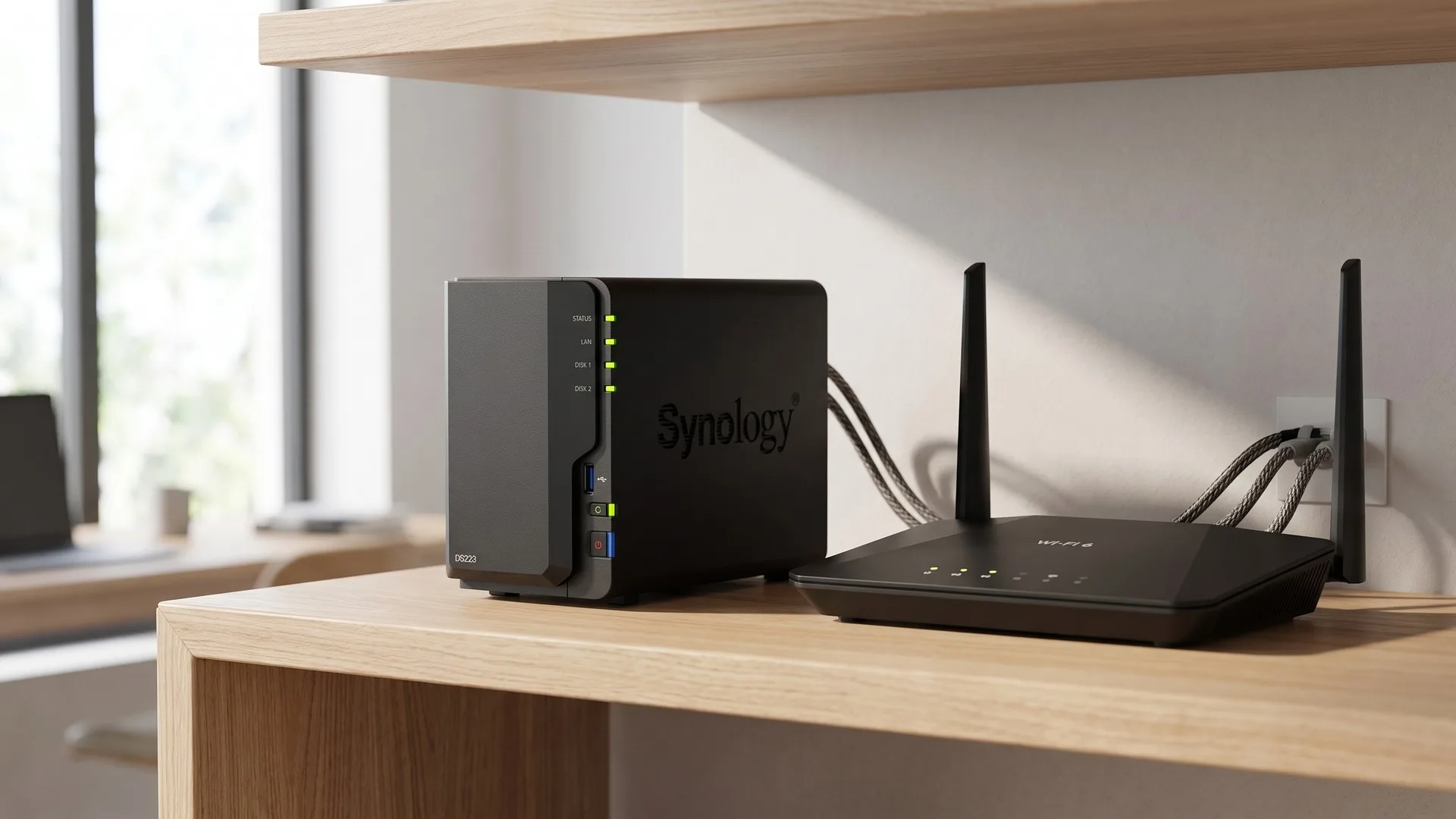 NAS cu două sertare pentru hard disk, așezat lângă un router într-un birou de acasă