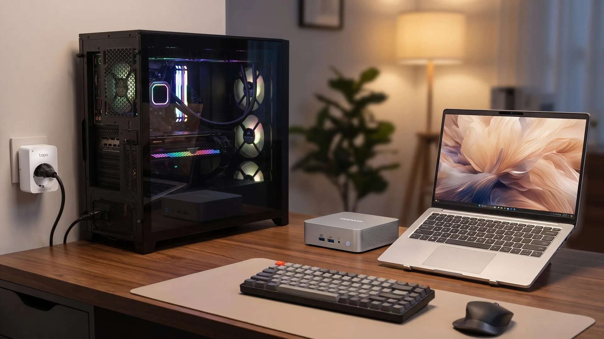 Wattmetru de priză care afișează consumul unui PC de gaming, alături de un laptop de birou
