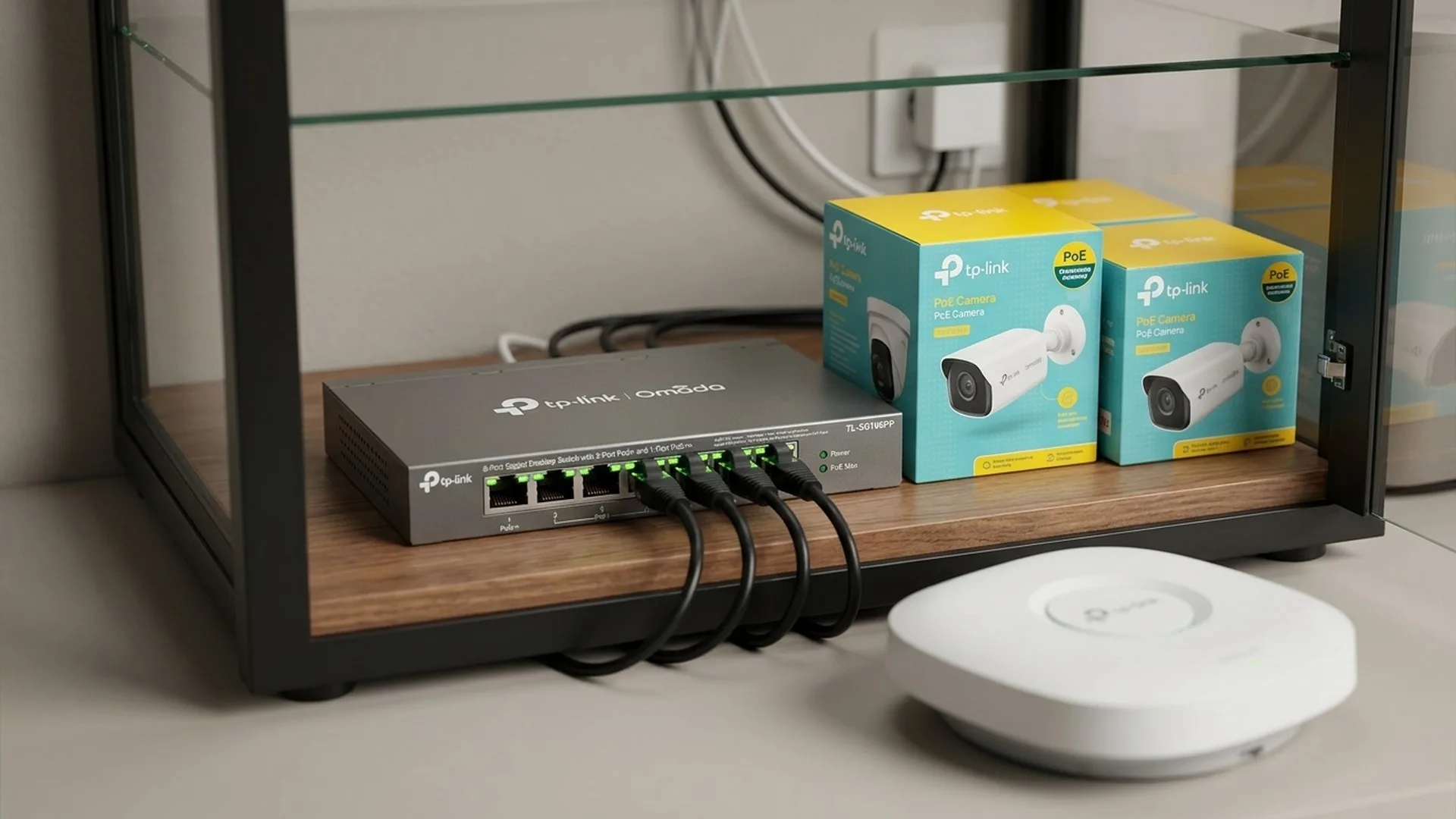 Switch PoE cu porturi RJ45 conectate la camere de supraveghere și la un access point, montat într-un dulap de rețea