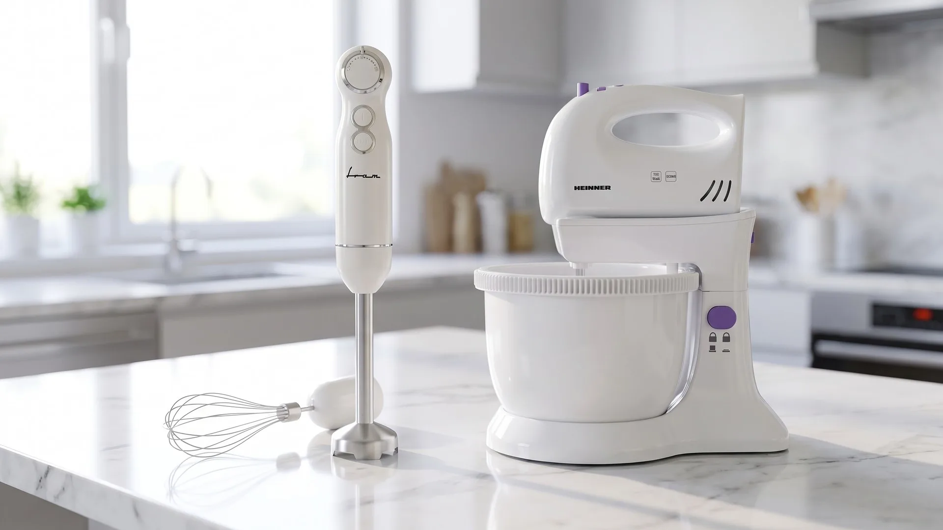 Blender vertical cu tijă de inox, mixer de mână cu teluri și mixer planetar cu bol de inox, așezate pe un blat de bucătărie
