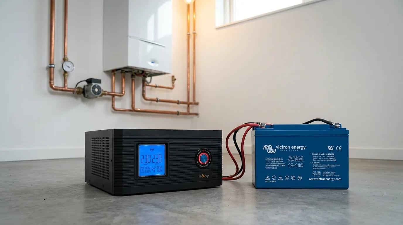 UPS cu undă sinusoidală pură și acumulator extern deep cycle, lângă o centrală termică murală