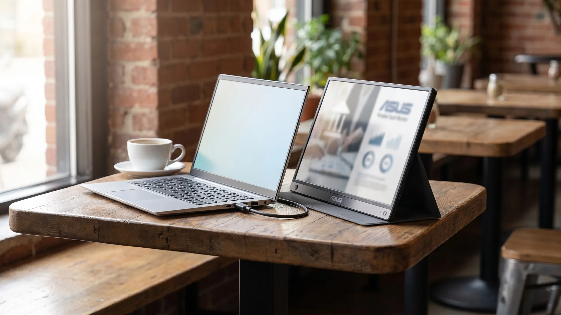 Laptop pe o masă de cafenea, cu un monitor portabil USB-C alături, legat printr-un singur cablu