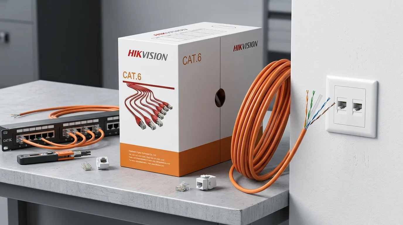 Rolă de cablu de rețea din cupru masiv lângă un patch panel și prize keystone montate în perete