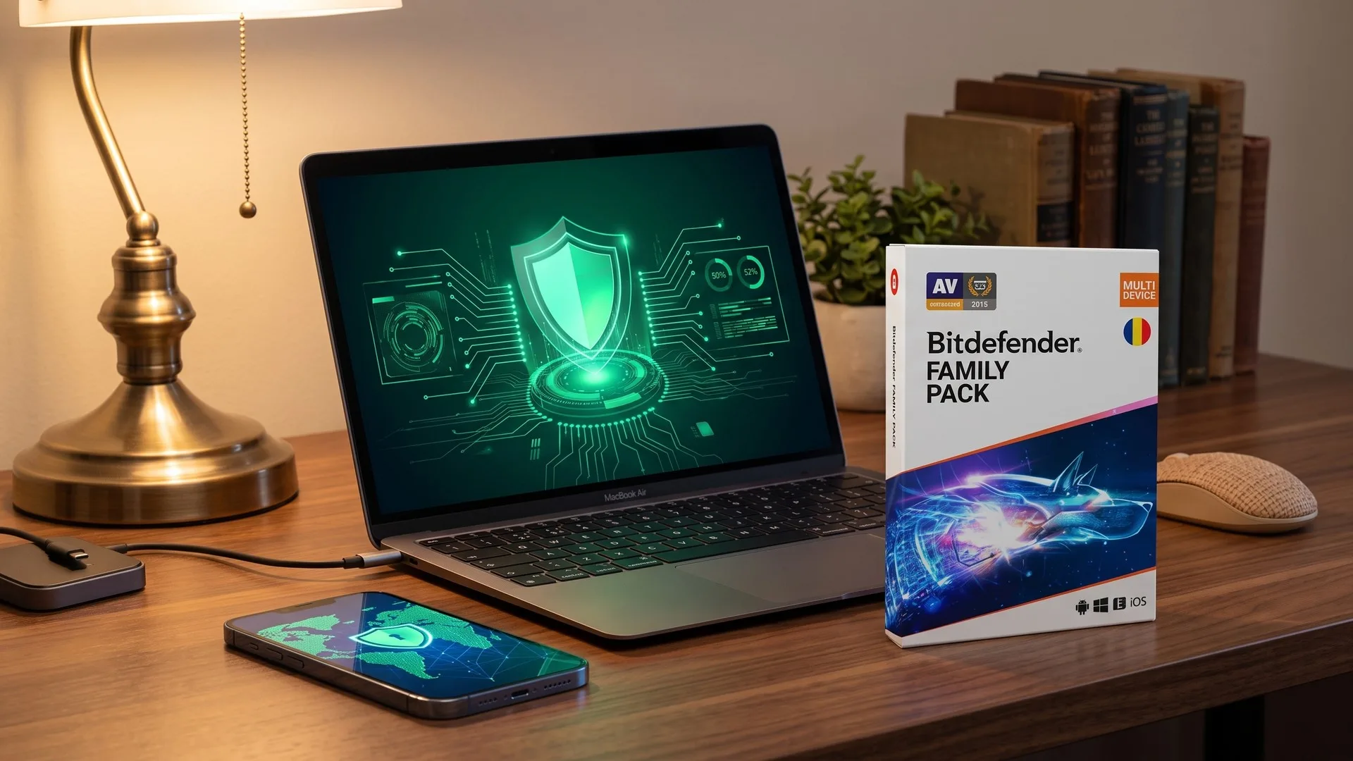 Laptop, telefon și tabletă pe un birou, cu panoul de securitate deschis pe ecranul laptopului
