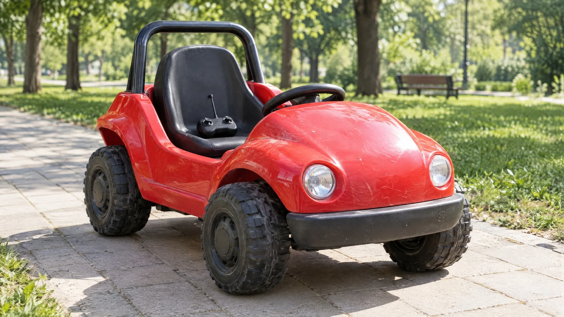 Copil într-o mașinuță electrică de teren pe o alee din parc, cu părintele alături ținând telecomanda