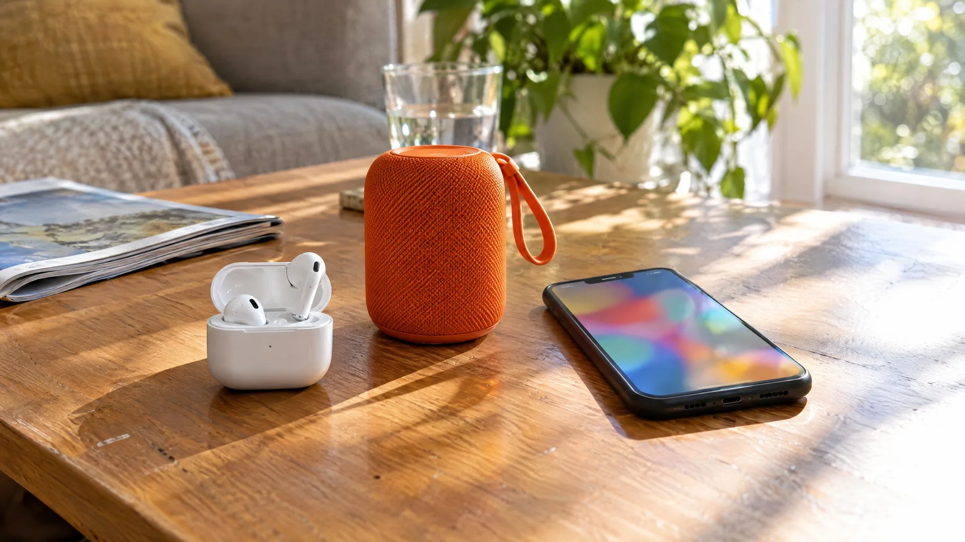 Căști wireless în carcasa de încărcare deschisă și o boxă portabilă lângă un telefon cu meniul Bluetooth pe ecran