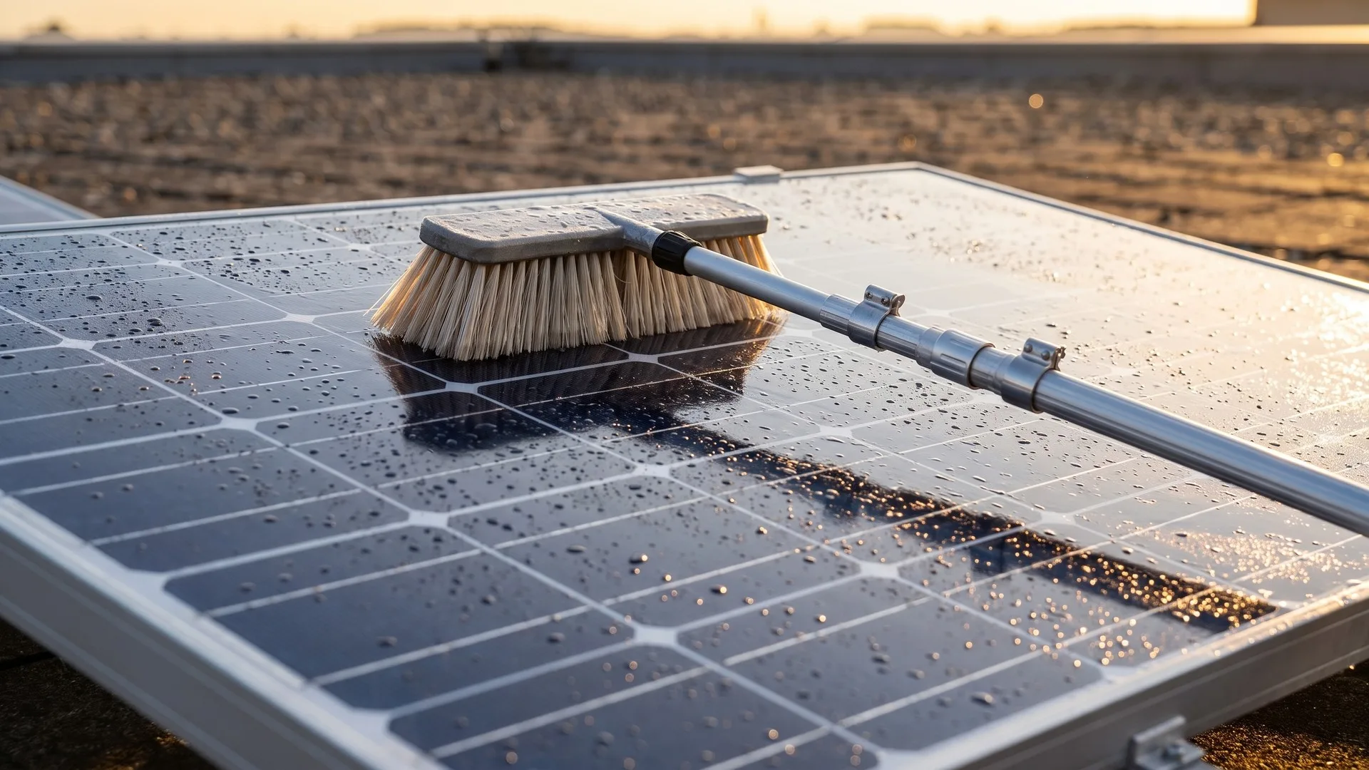 Panouri fotovoltaice pe acoperiș spălate cu o perie moale montată pe tijă telescopică, dimineața devreme