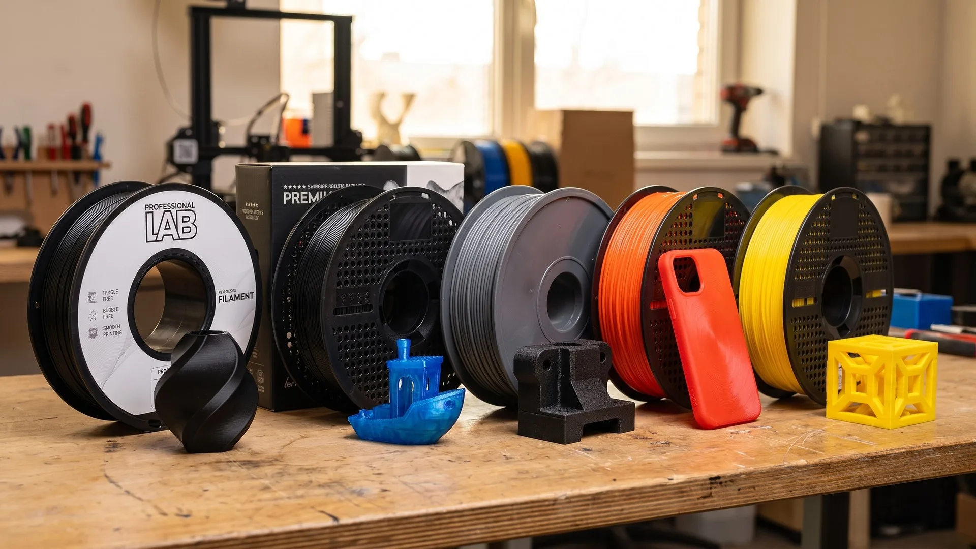 Cinci bobine de filament pentru imprimantă 3D, PLA, PETG, ABS, ASA și TPU, lângă piese printate din fiecare material