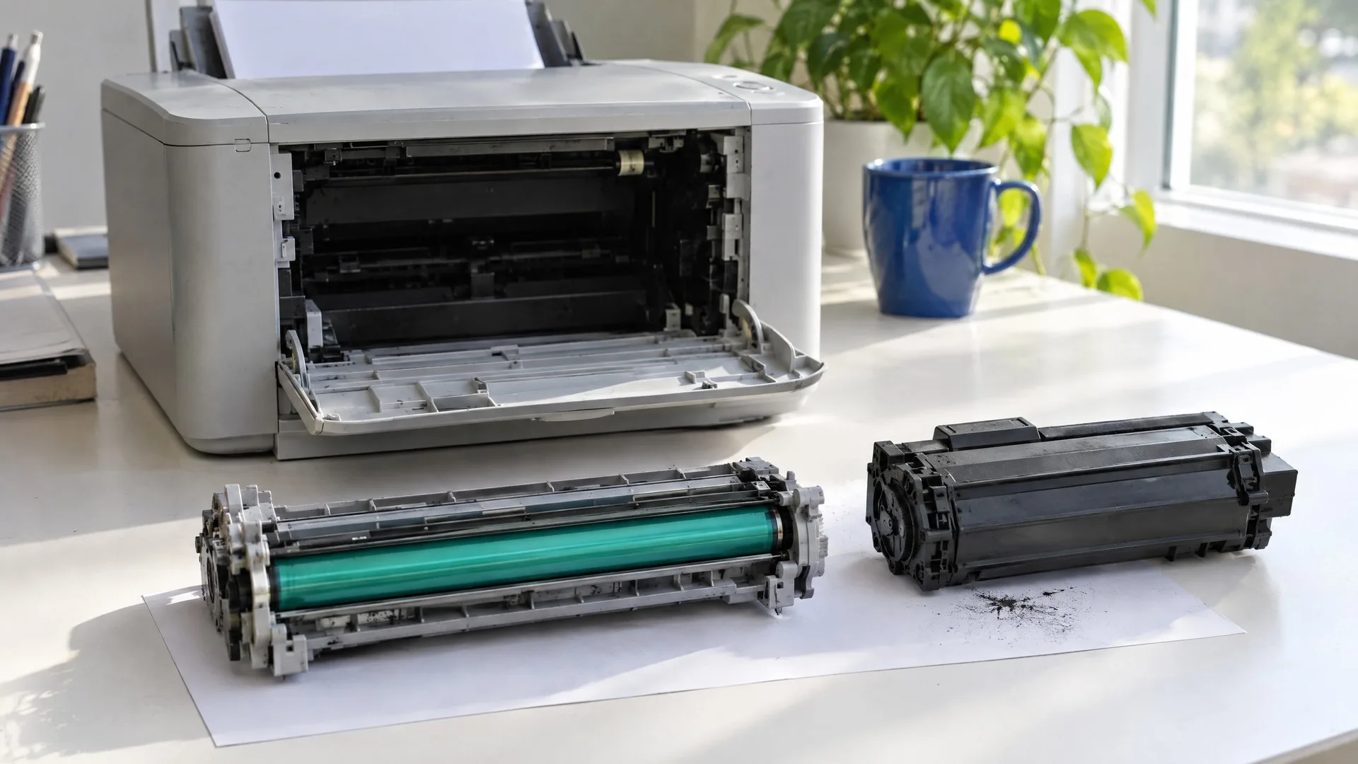 Unitate de cilindru fotosensibil cu tambur verde și cartuș de toner scos din ea, lângă o imprimantă laser de birou