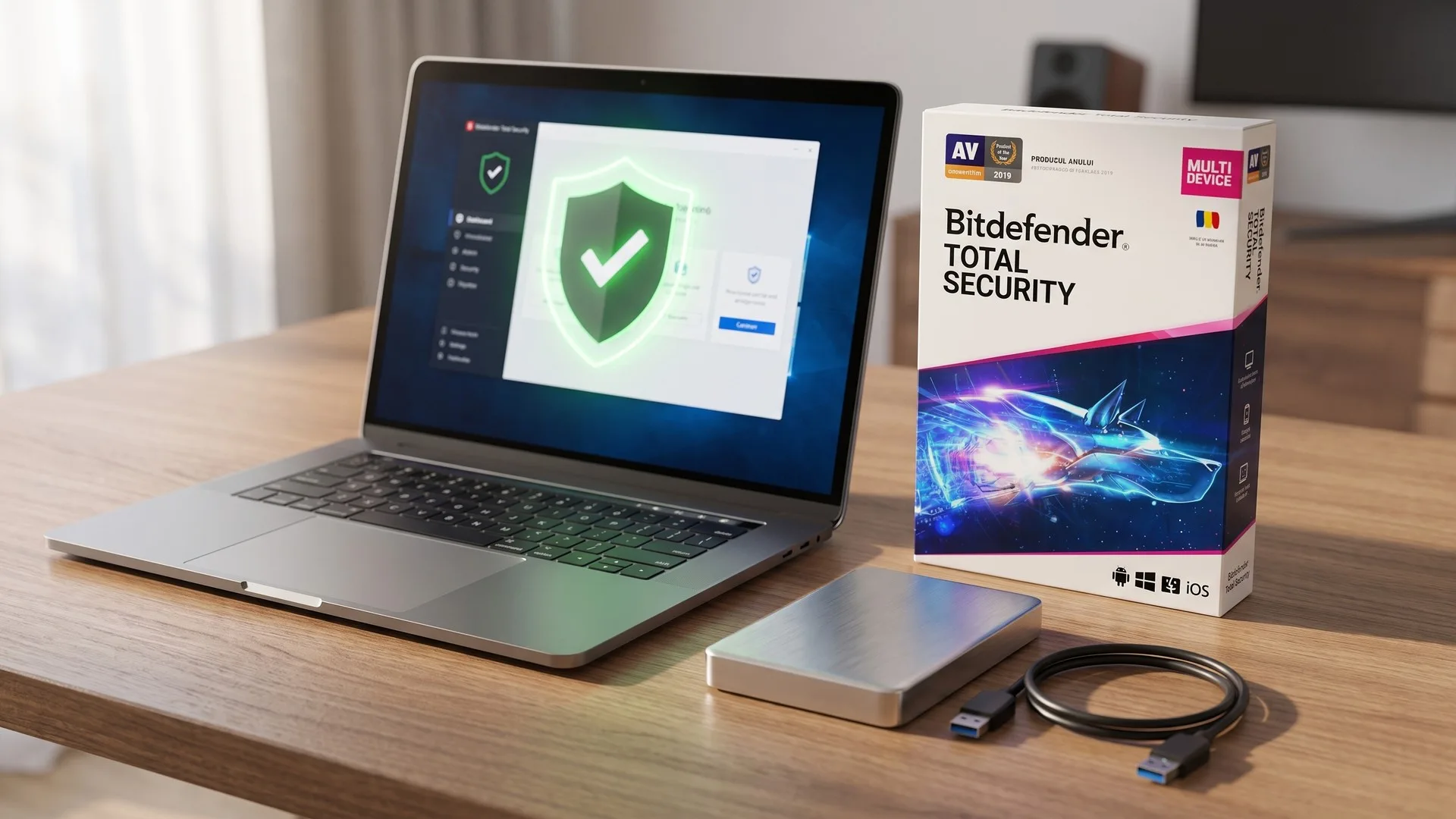 Laptop cu o notă de răscumpărare ransomware pe ecran, lângă un hard disk extern deconectat de la calculator