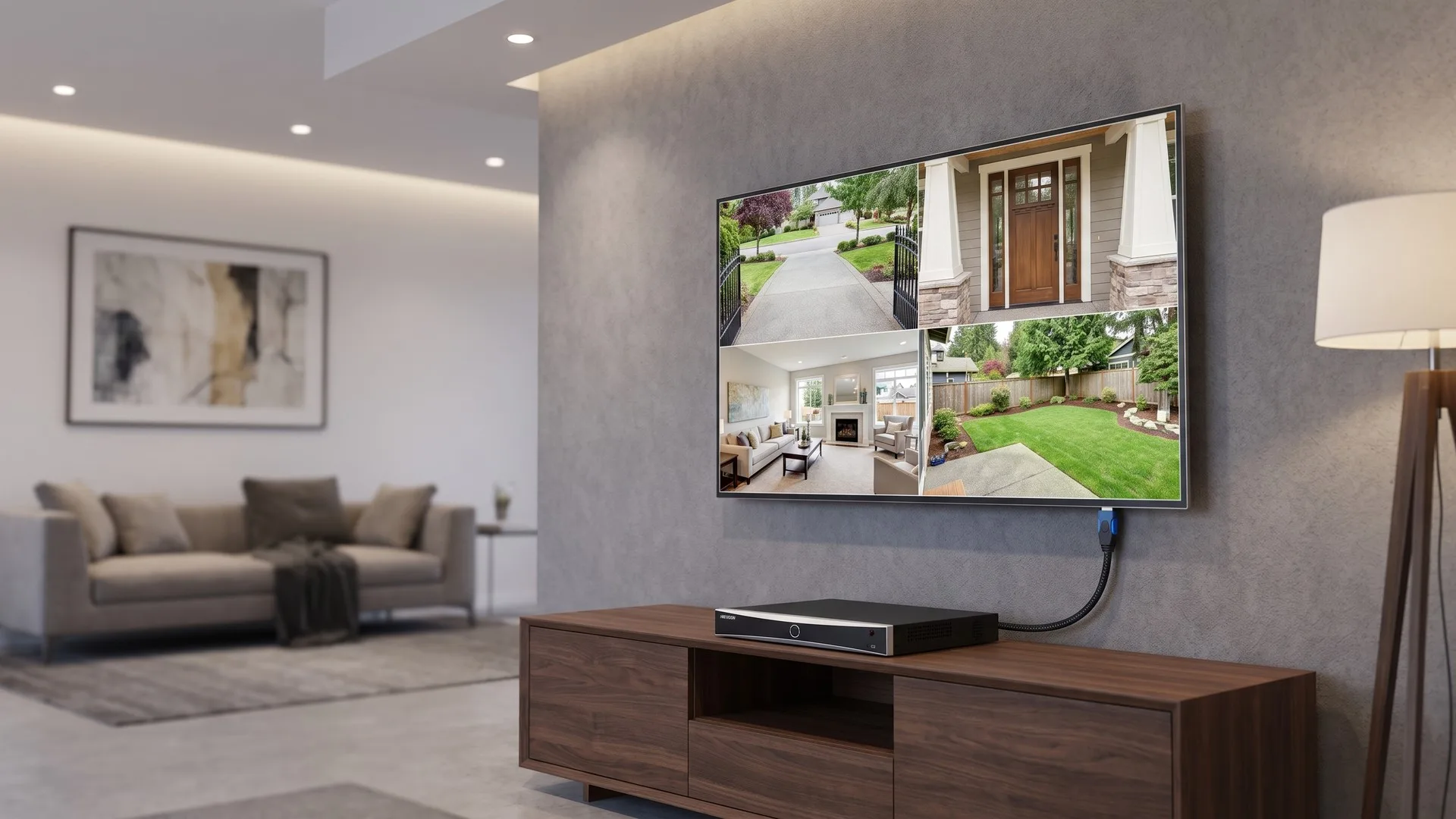 Televizor din living care afișează imaginea de la patru camere de supraveghere, cu recorderul conectat pe HDMI