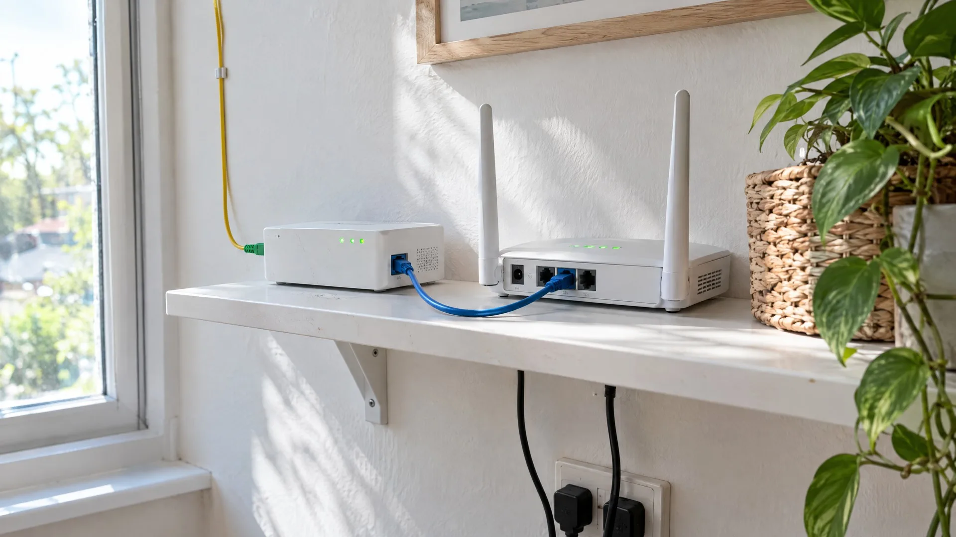 Router wireless legat cu un cablu de rețea din portul WAN la terminalul optic ONT în care intră fibra