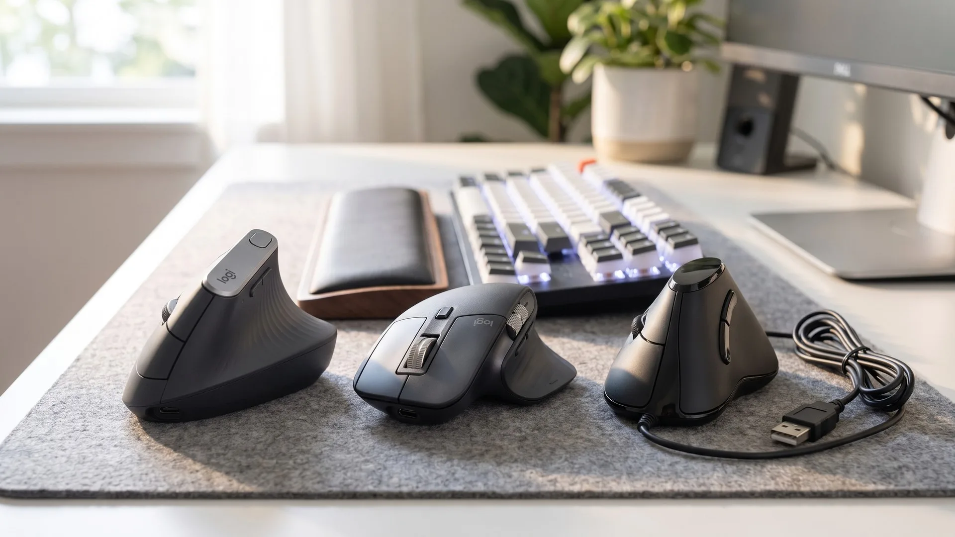 Mouse vertical ergonomic pe un birou, lângă tastatură, cu mâna în poziție de strângere de mână