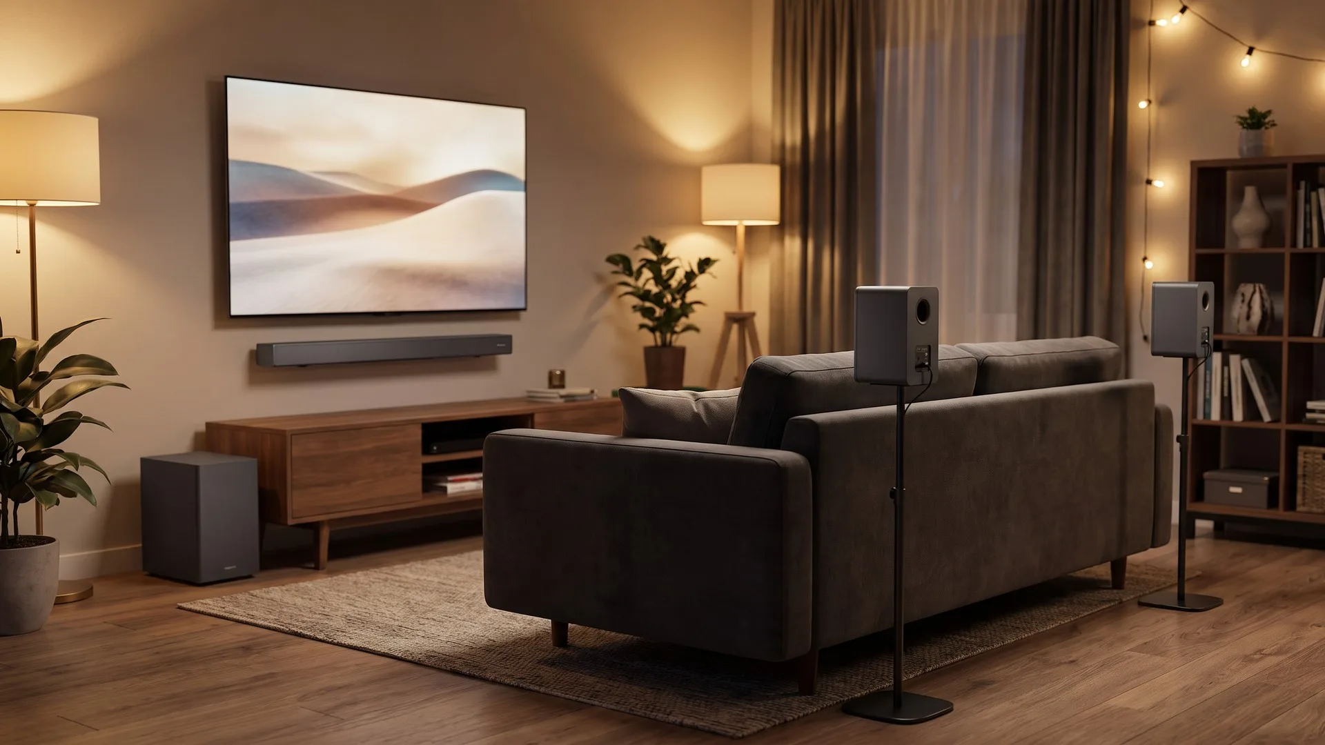 Living de apartament cu soundbar și subwoofer sub televizor, alături de o boxă surround pe un suport lângă canapea