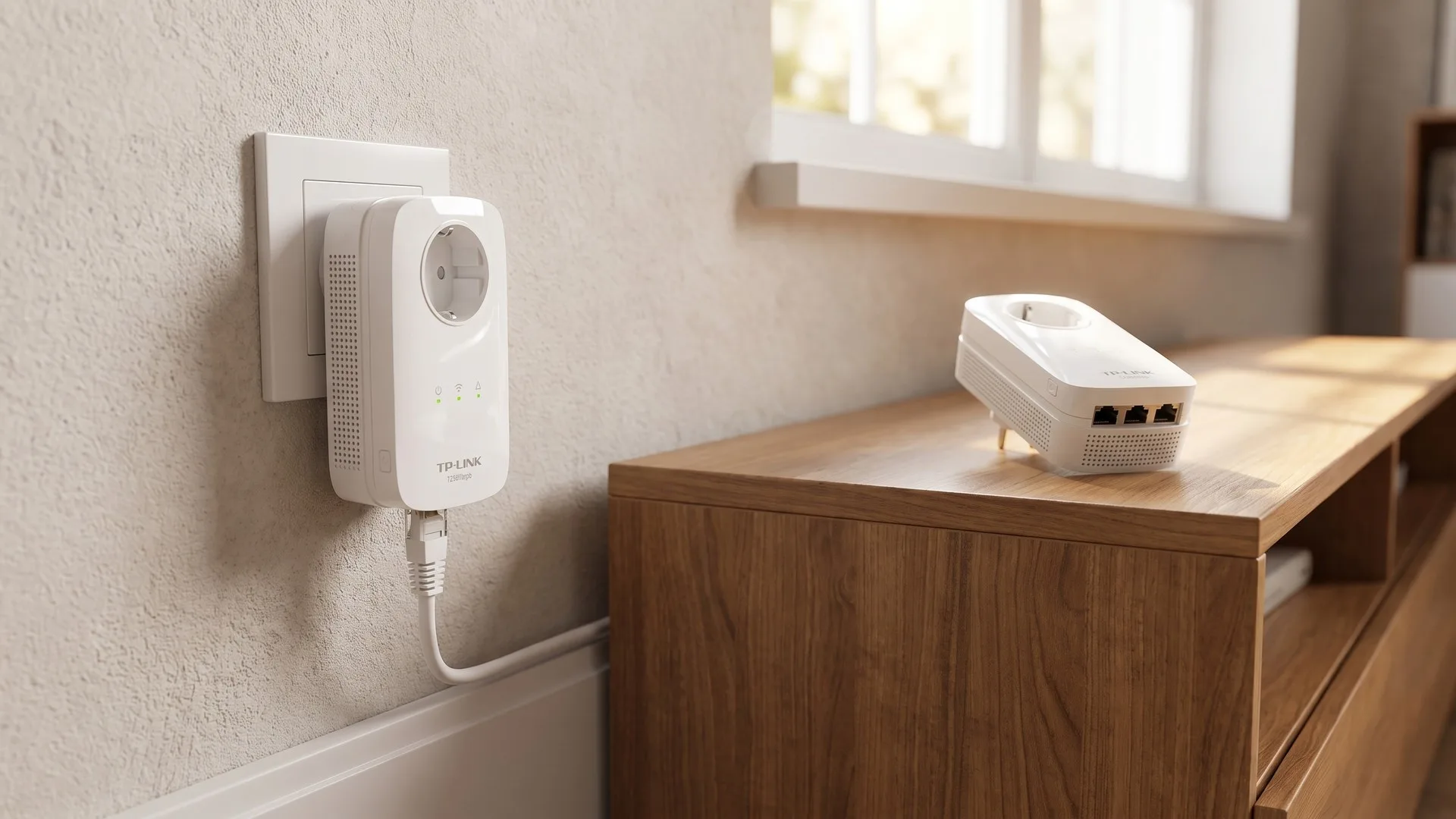 Adaptor powerline introdus direct în priza din perete, cu un cablu de rețea conectat la portul lui