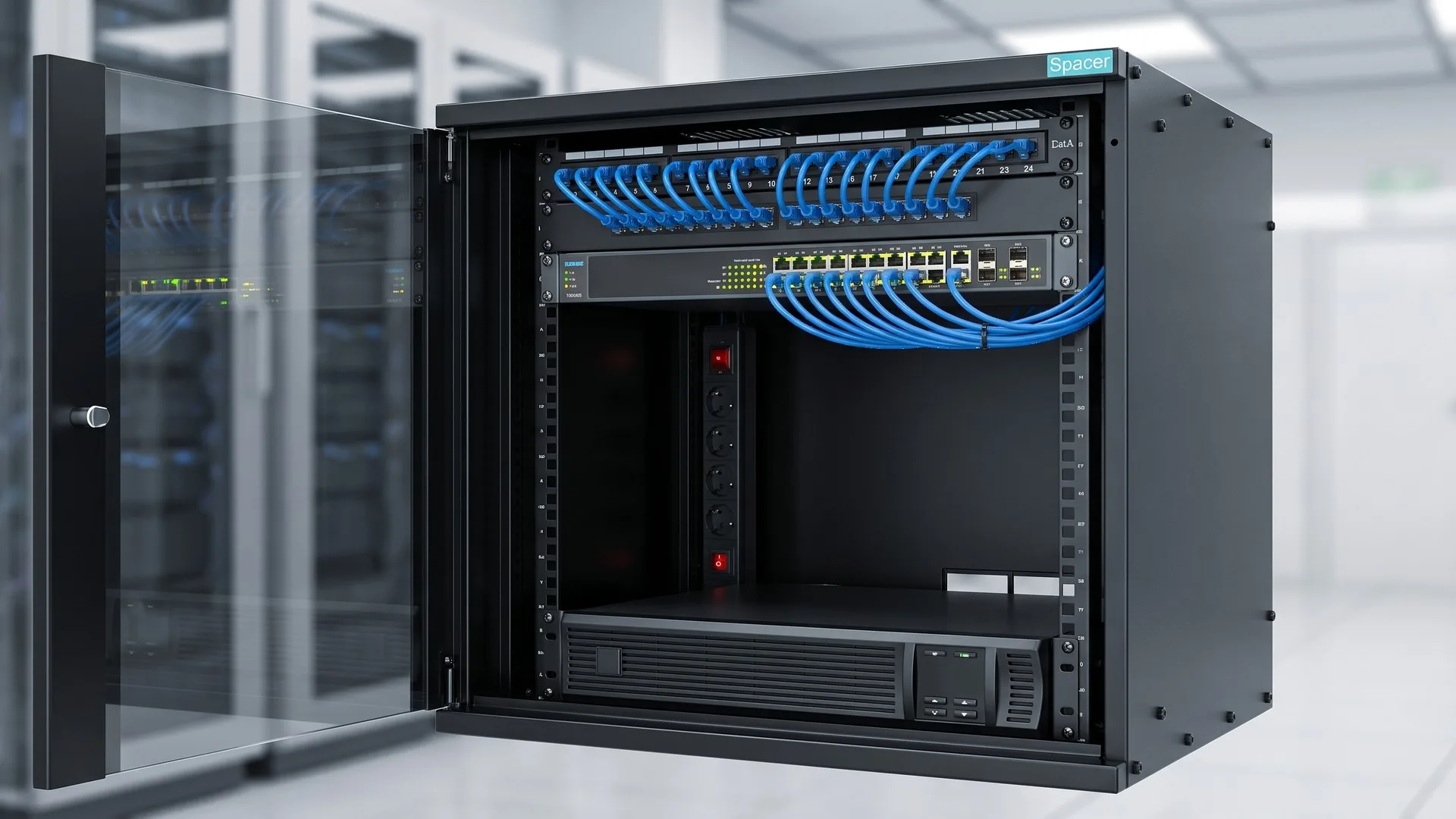 Cabinet rack de 19 inch organizat, cu patch panel deasupra switch-ului, PDU în spate și UPS montat la bază
