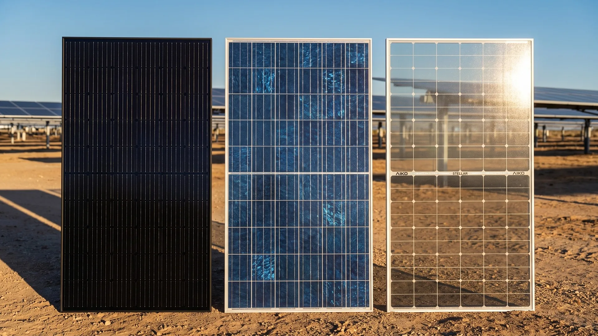 Trei module fotovoltaice alăturate: unul monocristalin negru, unul policristalin albastru și unul cu sticlă pe ambele fețe