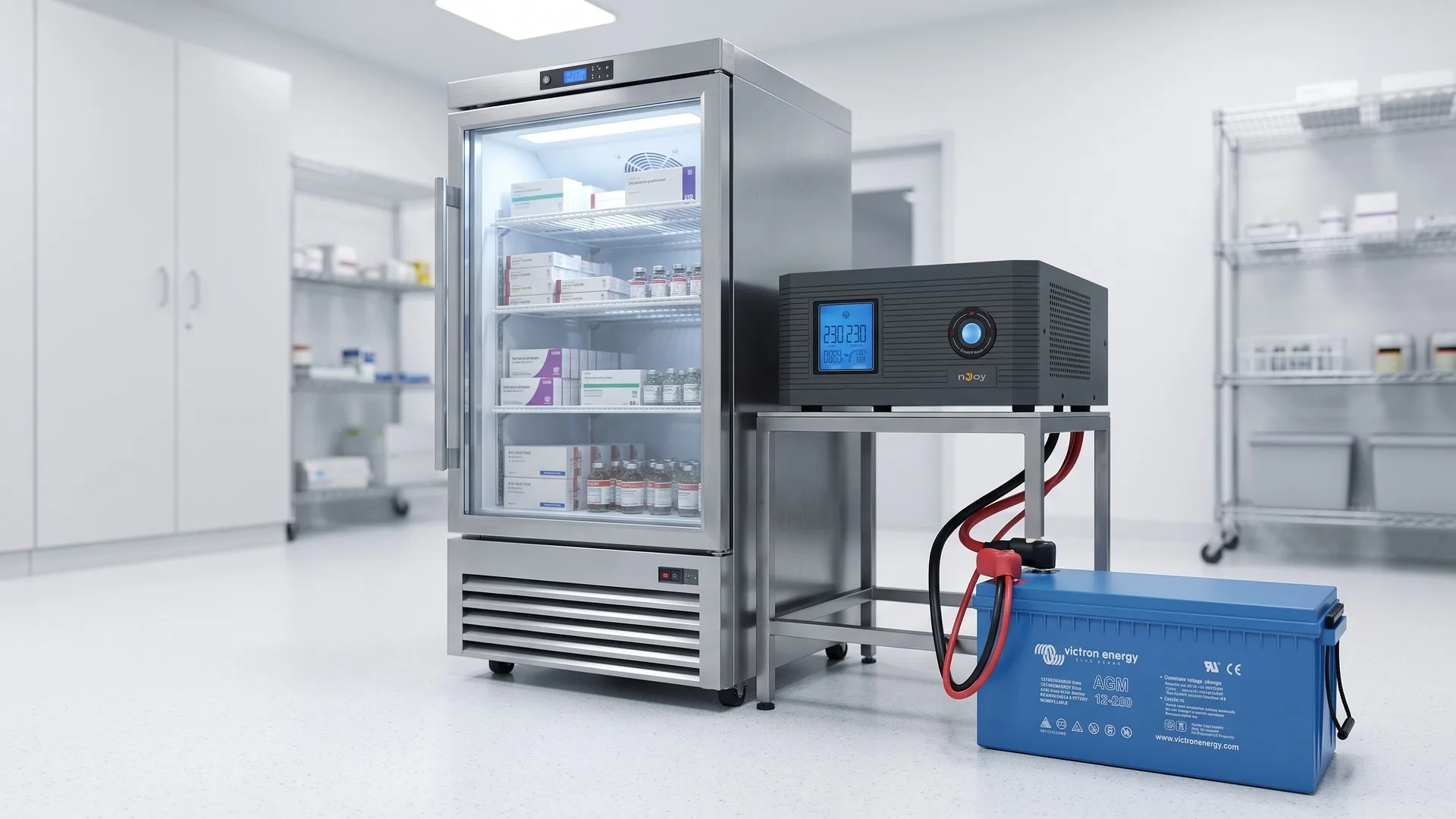 Frigider de farmacie cu vaccinuri, alimentat de un UPS cu acumulator extern montat alături