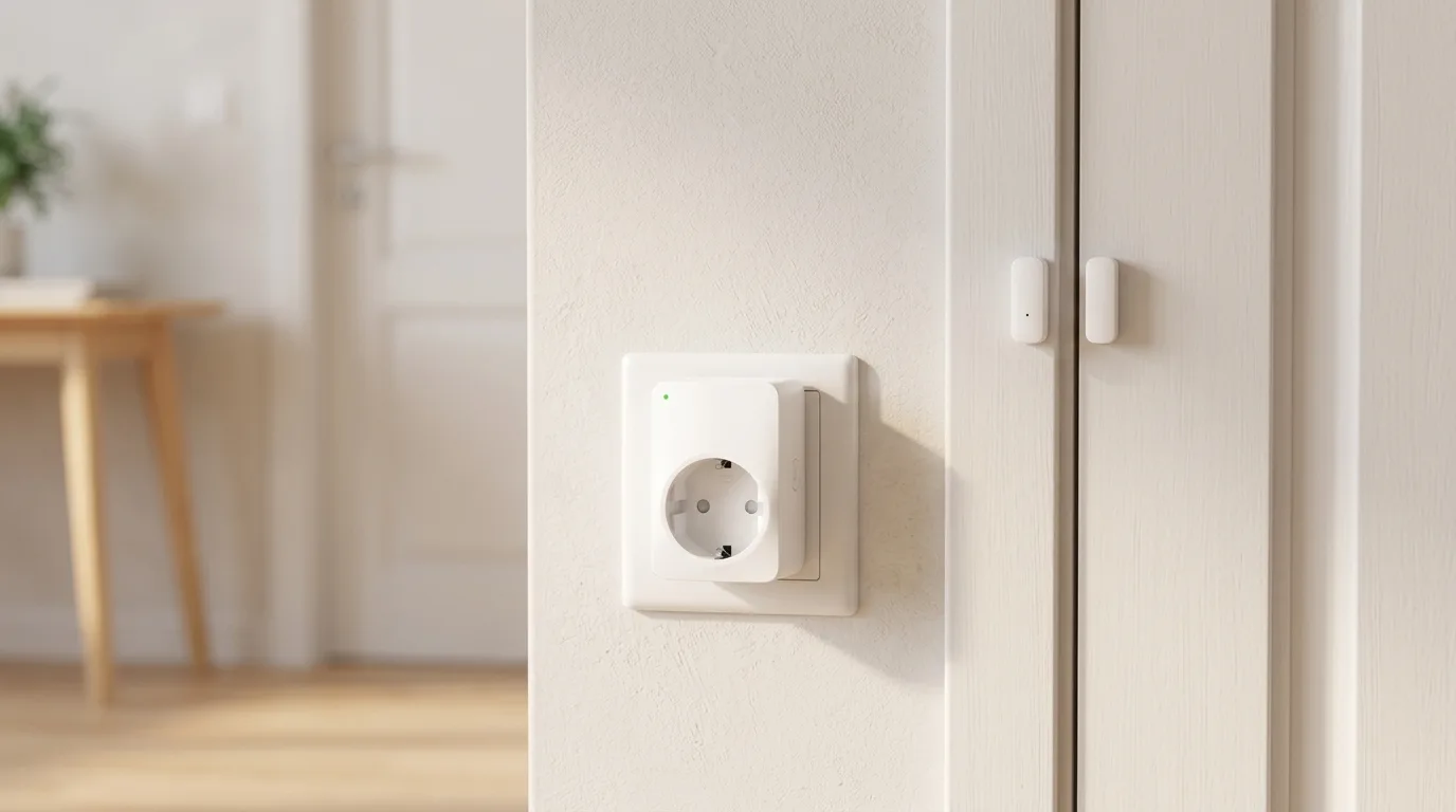 Priză smart cu monitorizare de consum introdusă într-o priză de perete, lângă un senzor magnetic de ușă