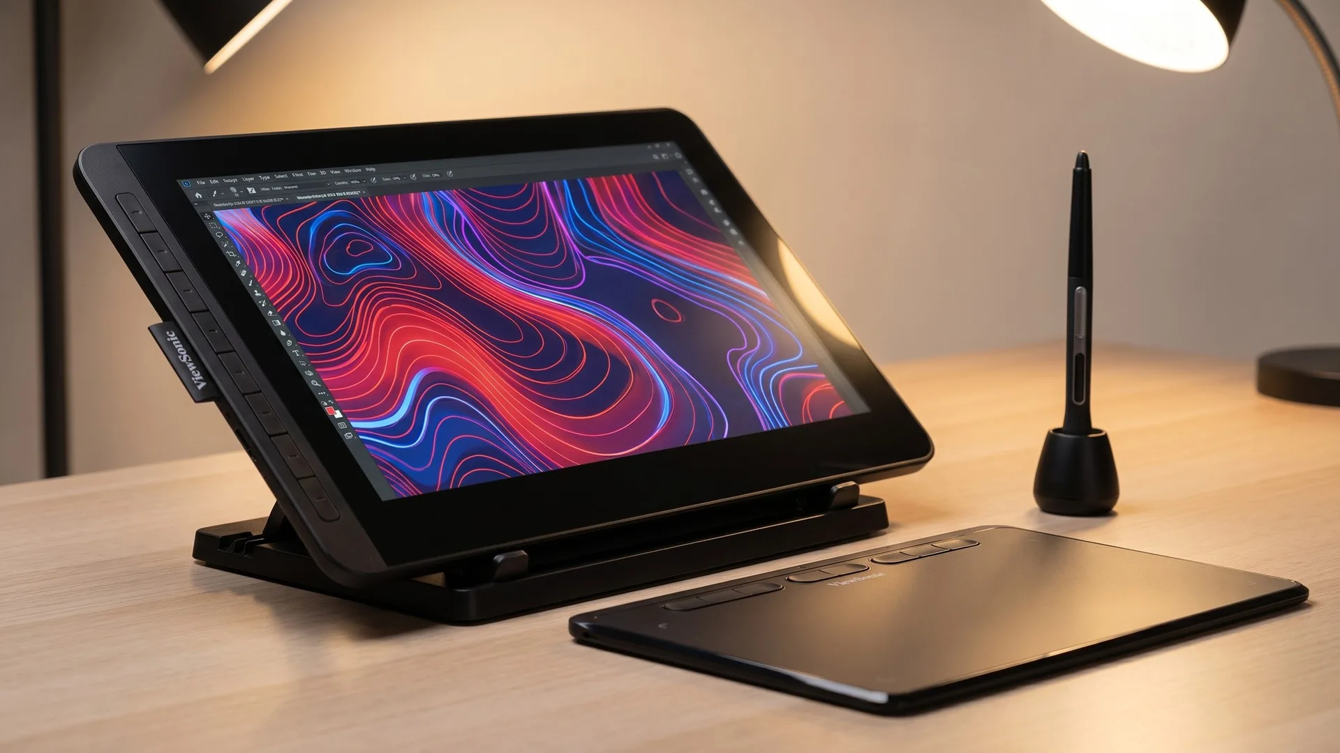 Tabletă grafică fără ecran și un pen display alăturate pe un birou, cu stiloul sprijinit pe suprafața de desen