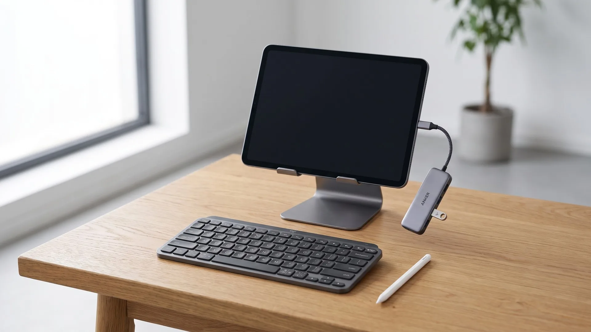 Tabletă ridicată pe un suport de birou, cu tastatură separată, stylus și hub USB-C conectat