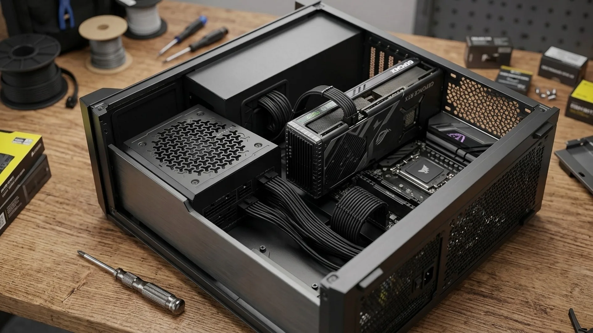 Sursă de alimentare full modulară montată în carcasa unui PC, cu cablurile de 12 V conectate
