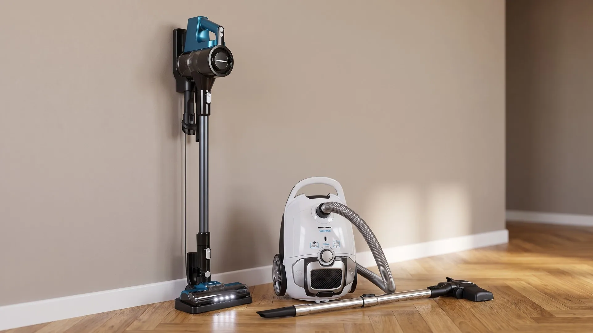 Aspirator vertical fără fir pe suport de perete, lângă un aspirator clasic cu sac, într-o cameră cu parchet și covor